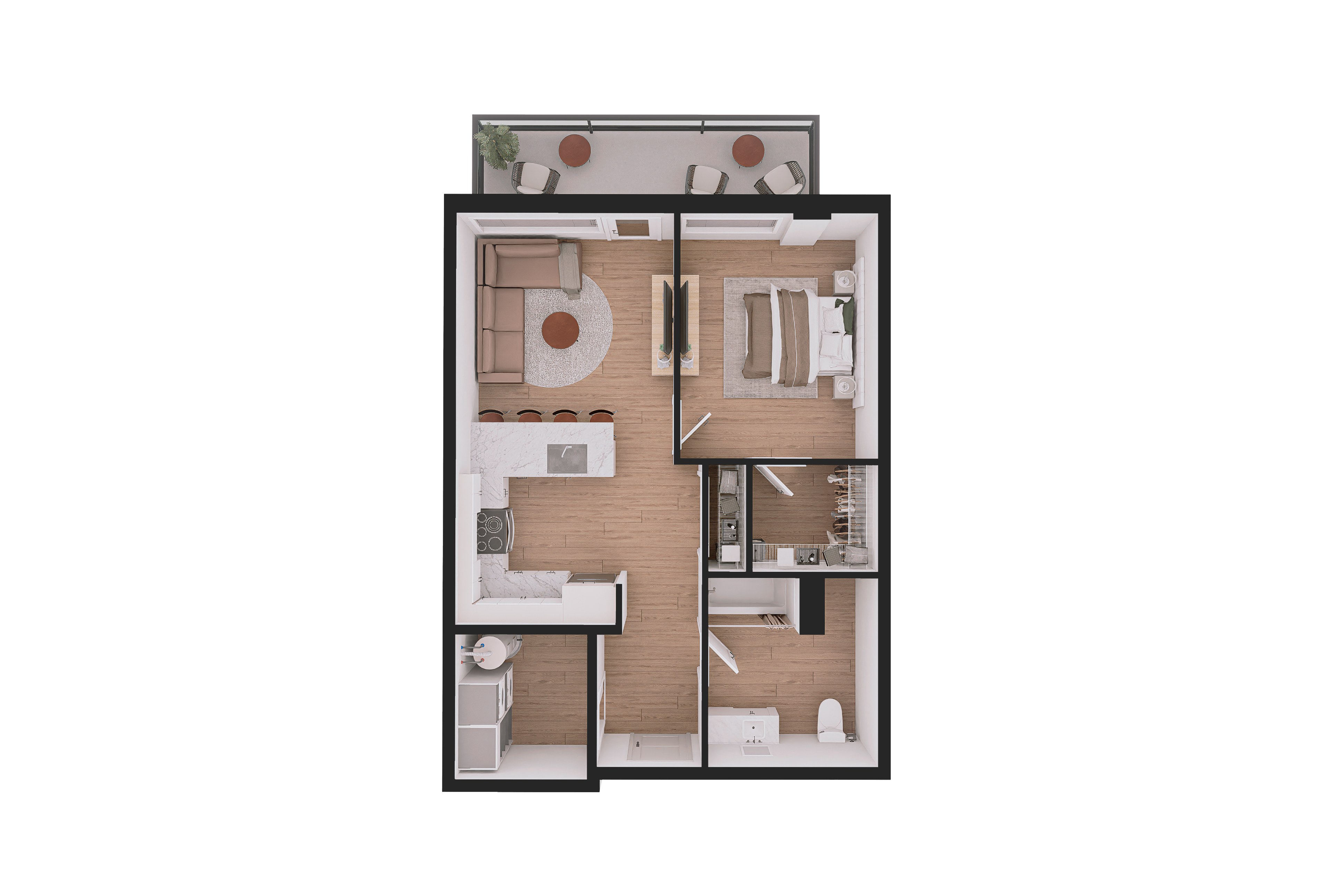 Floor plan for 1 bed, 1 bath, 690 sqft